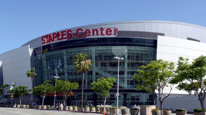 May 10, 2014; Los Angeles, CA, USA; General view of the Staples Center exterior before game four of the second round of the 2014 Stanley Cup Playoffs against the Anaheim Ducks. Mandatory Credit: Kirby Lee-USA TODAY Sports