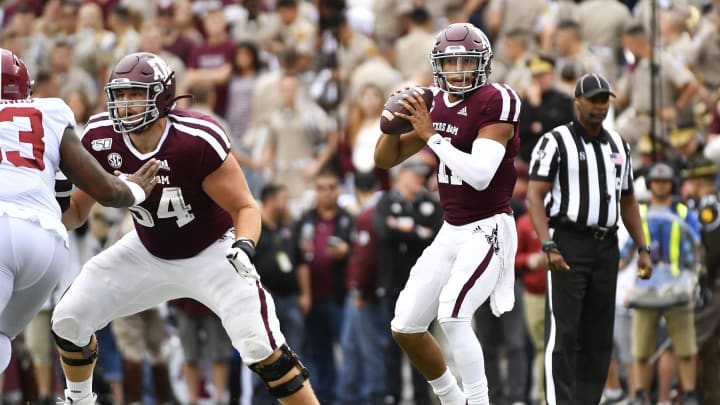 COLLEGE STATION, TEXAS – OCTOBER 12: Quarterback Kellen Mond #11 of the Texas A&M Aggies looks to pass in the third quarter against Alabama Crimson Tide at Kyle Field on October 12, 2019 in College Station, Texas. (Photo by Logan Riely/Getty Images)