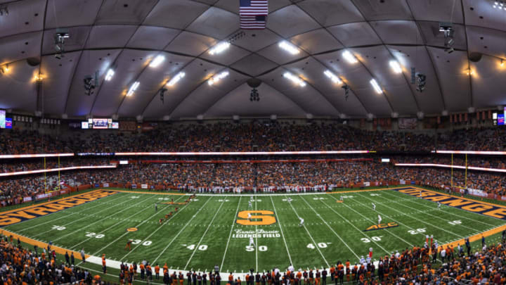 SYRACUSE, NY - NOVEMBER 09: **editors note: this is a digitally created panorama** General view during the game between the Syracuse Orange and the Louisville Cardinals at the Carrier Dome on November 9, 2018 in Syracuse, New York. (Photo by Brett Carlsen/Getty Images) *** Local Caption ***