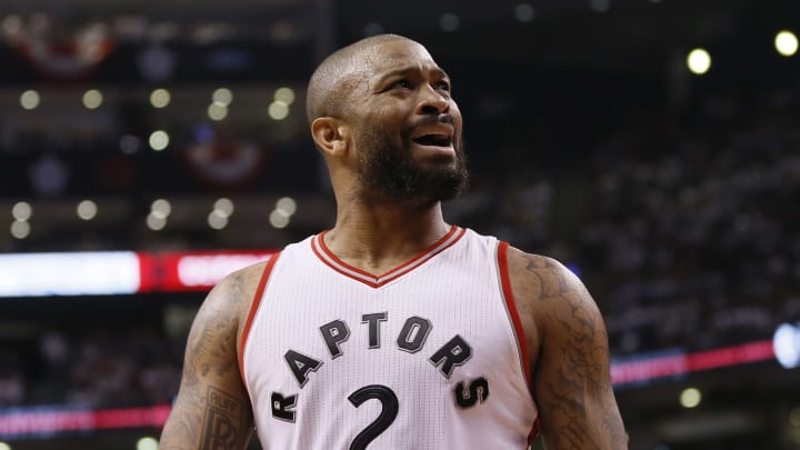 May 5, 2017; Toronto, Ontario, CAN; Toronto Raptors forward PJ Tucker (2) reacts after a call during game three of the second round of the 2017 NBA Playoffs against the Cleveland Cavaliers at Air Canada Centre. Mandatory Credit: John E. Sokolowski-USA TODAY Sports