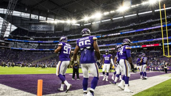 MINNEAPOLIS, MN - NOVEMBER 4: Members of the Minnesota Vikings defense warm up before the game against the Detroit Lions at U.S. Bank Stadium on November 4, 2018 in Minneapolis, Minnesota. (Photo by Stephen Maturen/Getty Images)
