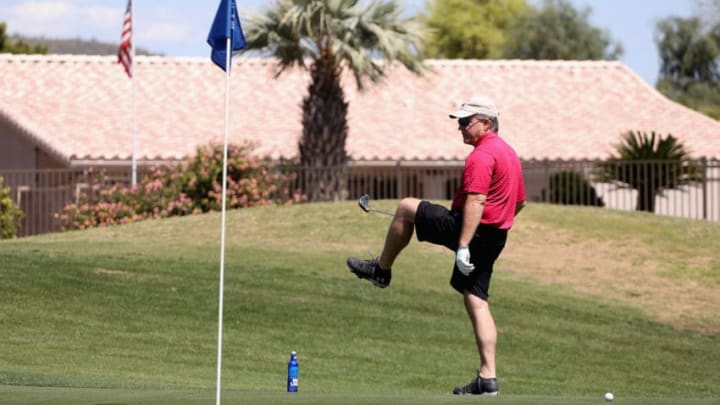 GLENDALE, ARIZONA - APRIL 03: A golfer reacts to a missed putt at The Legend at Arrowhead golf course on April 03, 2020 in Glendale, Arizona. Arizona Gov. Doug Ducey issued a statewide stay-at-home to combat the spread of the coronavirus (COVID-19) virus but golf courses were included on the “essential services and activities” list allowing them to remain open. (Photo by Christian Petersen/Getty Images)