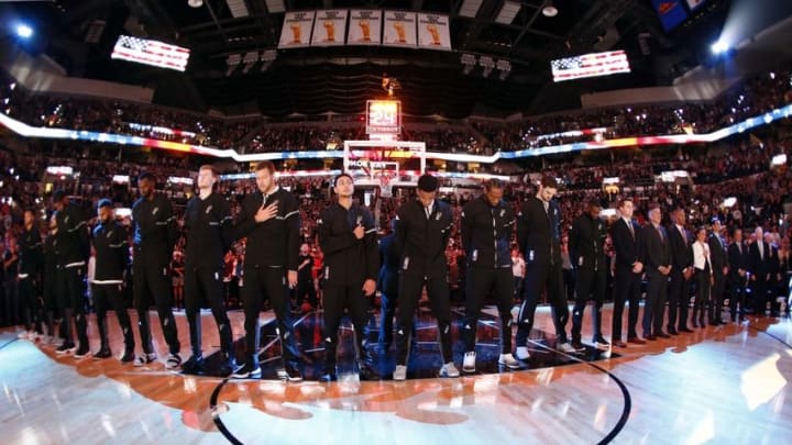 Oct 29, 2016; San Antonio, TX, USA; San Antonio Spurs line up for the national anthem before the game against the New Orleans Pelicans at AT&T Center. Mandatory Credit: Soobum Im-USA TODAY Sports