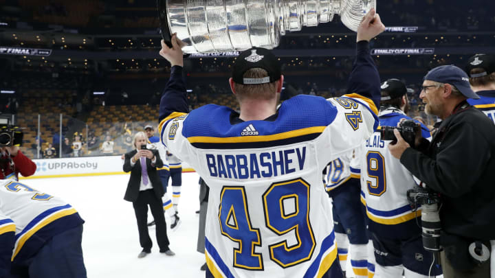 BOSTON, MA – JUNE 12: St. Louis Blues center Ivan Barbashev (49) holds the Cup after Game 7 of the Stanley Cup Final between the Boston Bruins and the St. Louis Blues on June 12, 2019, at TD Garden in Boston, Massachusetts. (Photo by Fred Kfoury III/Icon Sportswire via Getty Images)
