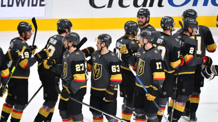 Jan 6, 2022; Las Vegas, Nevada, USA; Vegas Golden Knights players celebrate after defeating the New York Rangers 5-1 at T-Mobile Arena. Mandatory Credit: Stephen R. Sylvanie-USA TODAY Sports