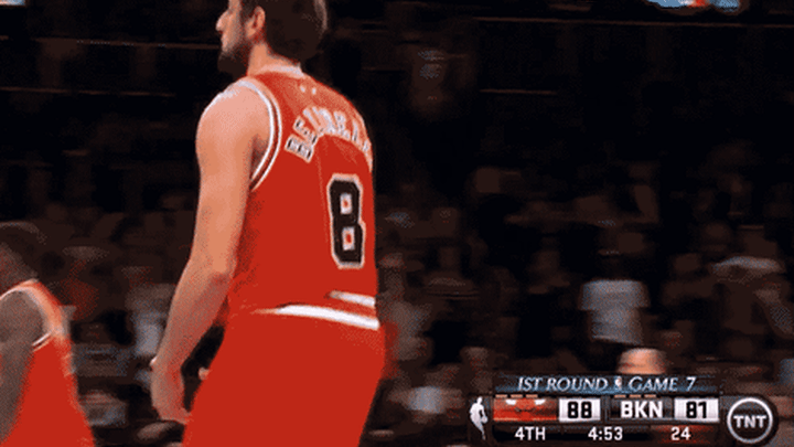 Marco Belinelli doing the Sam Cassell dance during the fourth quarter of the Chicago Bulls, Brooklyn Nets game seven.