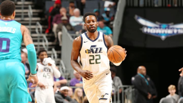 CHARLOTTE, NC - DECEMBER 21: Jeff Green #22 of the Utah Jazz handles the ball during a game against the Charlotte Hornets on December 21, 2019 at Spectrum Center in Charlotte, North Carolina. NOTE TO USER: User expressly acknowledges and agrees that, by downloading and or using this photograph, User is consenting to the terms and conditions of the Getty Images License Agreement. Mandatory Copyright Notice: Copyright 2019 NBAE (Photo by Kent Smith/NBAE via Getty Images)