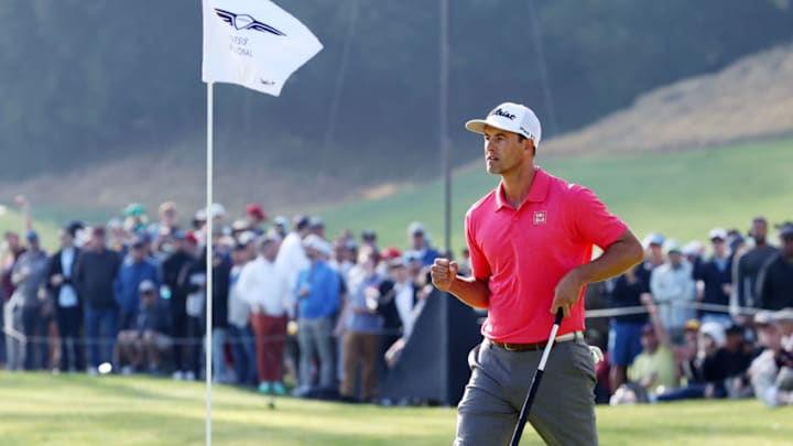 PACIFIC PALISADES, CALIFORNIA - FEBRUARY 16: Adam Scott of Australia celebrates making a putt for birdie on the 17th green during the final round of the Genesis Invitational on February 16, 2020 in Pacific Palisades, California. (Photo by Chris Trotman/Getty Images) PACIFIC PALISADES, CALIFORNIA - FEBRUARY 16: Adam Scott of Australia celebrates making a putt for birdie on the 17th green during the final round of the Genesis Invitational on February 16, 2020 in Pacific Palisades, California. (Photo by Chris Trotman/Getty Images)
