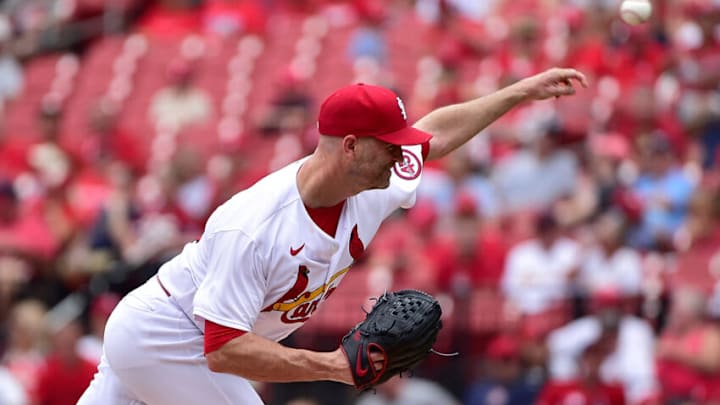 Sep 30, 2021; St. Louis, Missouri, USA; St. Louis Cardinals starting pitcher J.A. Happ (34) pitches during the first inning against the Milwaukee Brewers at Busch Stadium. Mandatory Credit: Jeff Curry-USA TODAY Sports