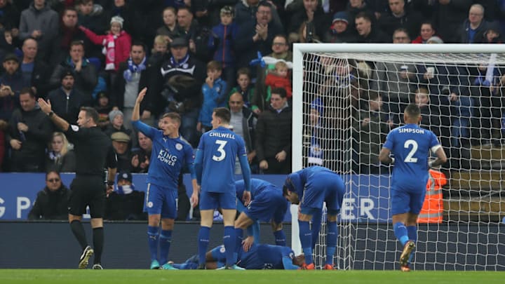 LEICESTER, ENGLAND - DECEMBER 02: Demarai Gray of Leicester City receives treatment from the medical team after scoring during the Premier League match between Leicester City and Burnley at The King Power Stadium on December 2, 2017 in Leicester, England. (Photo by Matthew Lewis/Getty Images) LEICESTER, ENGLAND - DECEMBER 02: Demarai Gray of Leicester City receives treatment from the medical team after scoring during the Premier League match between Leicester City and Burnley at The King Power Stadium on December 2, 2017 in Leicester, England. (Photo by Matthew Lewis/Getty Images)