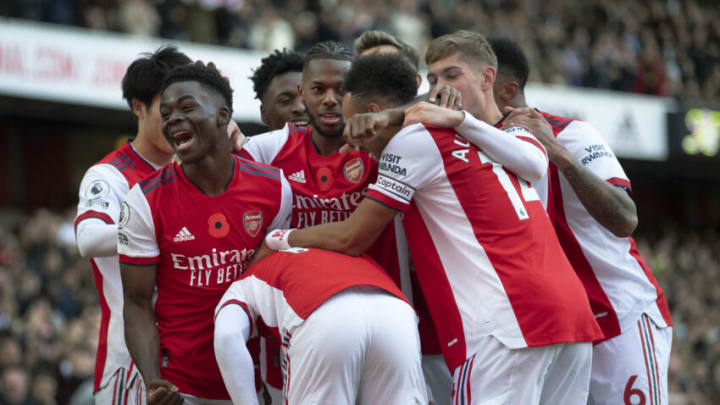 LONDON, ENGLAND - NOVEMBER 07: Bukayo Saka of Arsenal celebrates scoring a goal that is later disallowed by VAR for offside during the Premier League match between Arsenal and Watford at Emirates Stadium on November 7, 2021 in London, England. (Photo by Visionhaus/Getty Images)