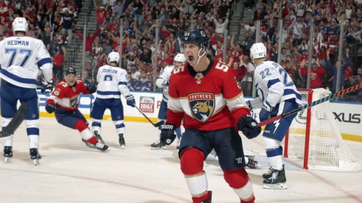 SUNRISE, FL - OCT. 5: Noel Acciari #55 of the Florida Panthers celebrates his goal with teammates during the second period against the Tampa Bay Lightning at the BB&T Center on October 5, 2019 in Sunrise, Florida. (Photo by Eliot J. Schechter/NHLI via Getty Images)