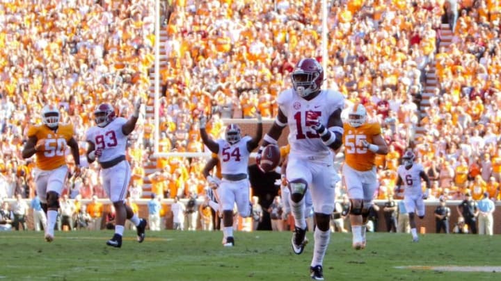 Oct 15, 2016; Knoxville, TN, USA; Alabama Crimson Tide defensive back Ronnie Harrison (15) returns an interception for a touchdown against the Tennessee Volunteers during the first half at Neyland Stadium. Mandatory Credit: Randy Sartin-USA TODAY Sports