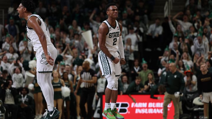 EAST LANSING, MI – FEBRUARY 07: Tyson Walker #2 of the Michigan State Spartans celebrates after making a three-point basket during the second half against the Maryland Terrapins at Breslin Center on February 7, 2023 in East Lansing, Michigan. (Photo by Rey Del Rio/Getty Images)