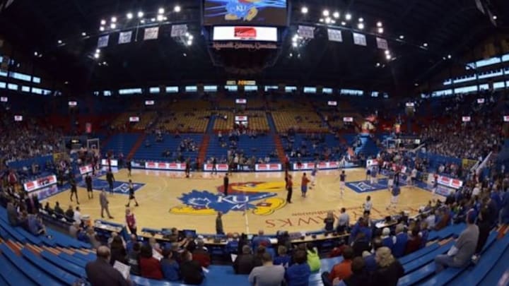 Jan 2, 2016; Lawrence, KS, USA; A general view of the court as the Baylor Bears and Kansas Jayhawks warm up before the game at Allen Fieldhouse. Mandatory Credit: Denny Medley-USA TODAY Sports