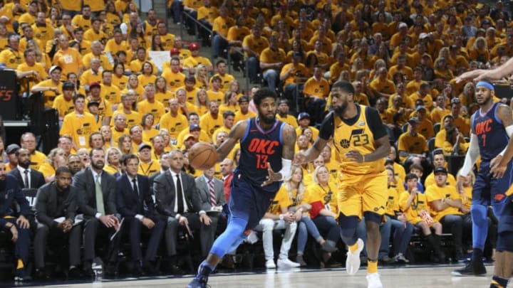 SALT LAKE CITY, UT - APRIL 27: Paul George #13 of the Oklahoma City Thunder handles the ball against the Utah Jazz in Game Six of the Western Conference Quarterfinals during the 2018 NBA Playoffs on April 27, 2018 at vivint.SmartHome Arena in Salt Lake City, Utah. NOTE TO USER: User expressly acknowledges and agrees that, by downloading and or using this Photograph, User is consenting to the terms and conditions of the Getty Images License Agreement. Mandatory Copyright Notice: Copyright 2018 NBAE (Photo by Melissa Majchrzak/NBAE via Getty Images)