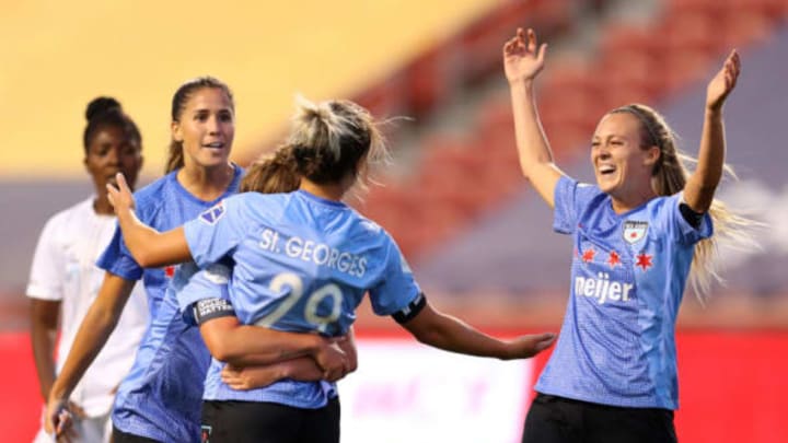 SANDY, UTAH – JULY 22: Bianca St. Georges #29 of Chicago Red Stars celebrates with her teammates Rachel Hill #5, Savannah McCaskill #9 and Katie Johnson #33 after scoring a goal in the eighth minute against the Sky Blue FC during the first half in the semifinal match of the NWSL Challenge Cup at Rio Tinto Stadium on July 22, 2020 in Sandy, Utah. (Photo by Maddie Meyer/Getty Images)