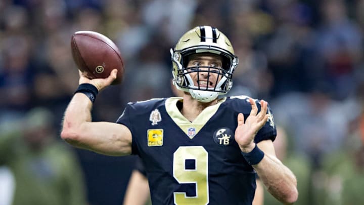NEW ORLEANS, LA - NOVEMBER 4: Drew Brees #9 of the New Orleans Saints throws a pass during a game against the Los Angeles Rams at Mercedes-Benz Superdome on November 4, 2018 in New Orleans, Louisiana. The Saints defeated the Rams 45-35. (Photo by Wesley Hitt/Getty Images)