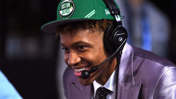 NEW YORK, NEW YORK - JUNE 20: Romeo Langford reacts after being drafted with the 14th overall pick by the Boston Celtics during the 2019 NBA Draft at the Barclays Center on June 20, 2019 in the Brooklyn borough of New York City. NOTE TO USER: User expressly acknowledges and agrees that, by downloading and or using this photograph, User is consenting to the terms and conditions of the Getty Images License Agreement. (Photo by Sarah Stier/Getty Images)