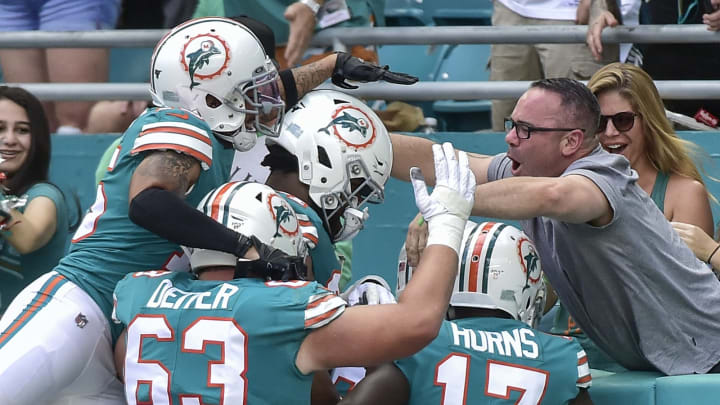 MIAMI, FLORIDA – DECEMBER 01: DeVante Parker #11 of the Miami Dolphins celebrates with fans after scoring a touchdown in the first quarter against the Philadelphia Eagles at Hard Rock Stadium on December 01, 2019, in Miami, Florida. (Photo by Eric Espada/Getty Images)