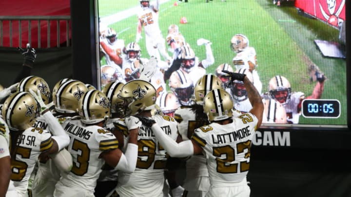 Nov 8, 2020; Tampa, Florida, USA; New Orleans Saints defensive tackle David Onyemata (93) and defense celebrates as they recover the ball against the Tampa Bay Buccaneers during the first half at Raymond James Stadium. Mandatory Credit: Kim Klement-USA TODAY Sports
