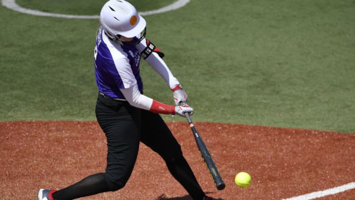 ROSEMONT, ILLINOIS - AUGUST 29: Sam Fischer #52 of Team Fagan hits a single in the second inning against Team Warren at Parkway Bank Sports Complex on August 29, 2020 in Rosemont, Illinois. (Photo by Quinn Harris/Getty Images)