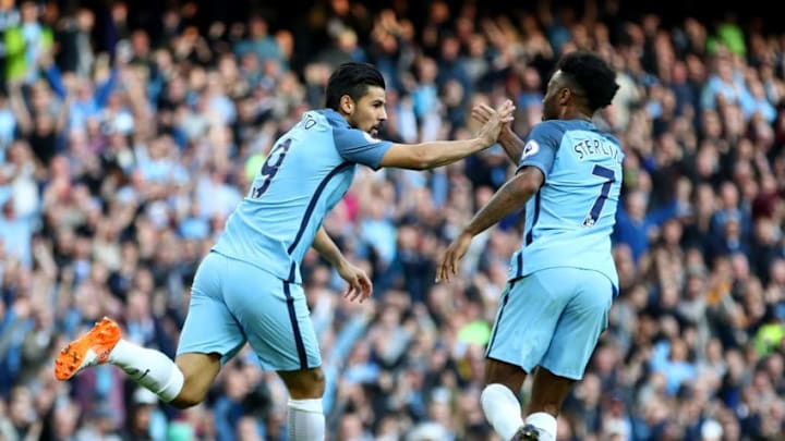 MANCHESTER, ENGLAND - OCTOBER 15: Nolito (L) of Manchester City celebrates scoring the equalising goal with Raheem Sterling during the Premier League match between Manchester City and Everton at Etihad Stadium on October 15, 2016 in Manchester, England. (Photo by Clive Brunskill/Getty Images)
