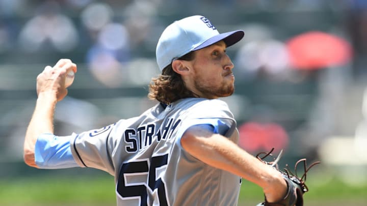 ATLANTA, GA. - JUNE 17: Matt Strahm #55 of the San Diego Padres throws a first inning pitch against the Atlanta Braves at SunTrust Field on June 17, 2018 in Atlanta, Georgia. (Photo by Scott Cunningham/Getty Images)
