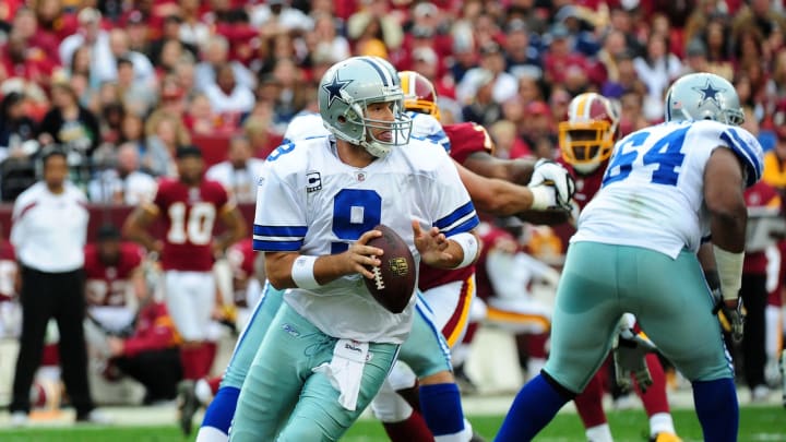 LANDOVER, MD – NOVEMBER 20: Tony Romo #9 of the Dallas Cowboys passes against the Washington Football Team at FedEx Field on November 20, 2011 in Landover, Maryland. The Cowboys won 27-24. (Photo by Scott Cunningham/Getty Images)