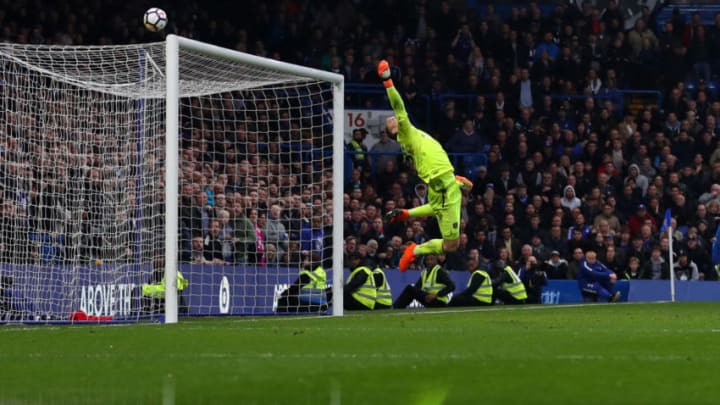 LONDON, ENGLAND – APRIL 08: A reflection can be seen as Joe Hart of West Ham United makes a save during the Premier League match between Chelsea and West Ham United at Stamford Bridge on April 8, 2018 in London, England. (Photo by Catherine Ivill/Getty Images)