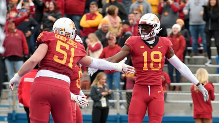 LAWRENCE, KS - NOVEMBER 3: Wide receiver Hakeem Butler #18 of the Iowa State Cyclones celebrates his touchdown with offensive lineman Julian Good-Jones #51 in the first quarter against the Kansas Jayhawks at Memorial Stadium on November 3, 2018 in Lawrence, Kansas. (Photo by Ed Zurga/Getty Images)
