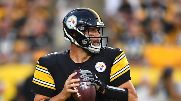 PITTSBURGH, PA - AUGUST 21: Ben Roethlisberger #7 of the Pittsburgh Steelers looks to pass during the first quarter against the Detroit Lions at Heinz Field on August 21, 2021 in Pittsburgh, Pennsylvania. (Photo by Joe Sargent/Getty Images)