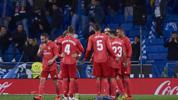BARCELONA, SPAIN - JANUARY 27: Karim Benzema celebrates his goal with his teammates during the La Liga match between RCD Espanyol and Real Madrid CF at RCDE Stadium on January 27, 2019 in Barcelona, Spain. (Photo by Carlos Sanchez Martinez/Icon Sportswire via Getty Images)