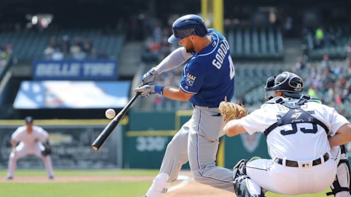 DETROIT, MI - APRIL 7: Alex Gordon #4 of the Kansas City Royals grounds out scoring Whit Merrifield during the first inning of the game against the Detroit Tigers at Comerica Park on April 7, 2019 in Detroit, Michigan. (Photo by Leon Halip/Getty Images)