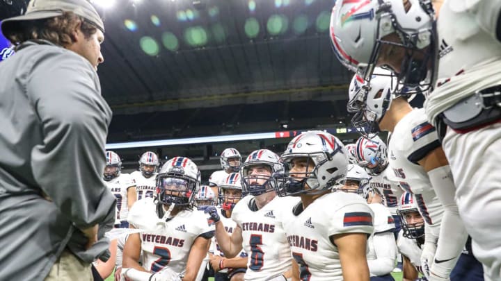 Veterans Memorial head football coach Ben Bitner apologizes to the team and says, “this was on me,” after being defeated by College Station, 33-7, during the Class 5A Division I state semifinal on Saturday, Dec. 10, 2022 at the Alamodome in San Antonio, Texas.