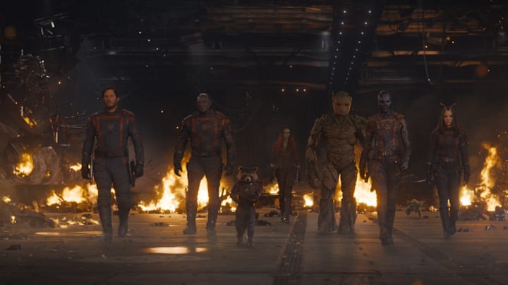 (L-R): Chris Pratt as Peter Quill/Star-Lord, Dave Bautista as Drax, Rocket (voiced by Bradley Cooper), Zoe Saldana as Gamora, Groot (voiced by Vin Diesel), Karen Gillan as Nebula, and Pom Klementieff as Mantis in Marvel Studios’ Guardians of the Galaxy Vol. 3. Photo courtesy of Marvel Studios. © 2023 MARVEL.