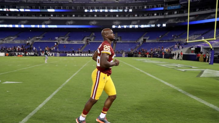 BALTIMORE, MD - AUGUST 30: Adrian Peterson #26 of the Washington Redskins jogs off the field following a preseason game against the Baltimore Ravens at M&T Bank Stadium on August 30, 2018 in Baltimore, Maryland. (Photo by Rob Carr/Getty Images)