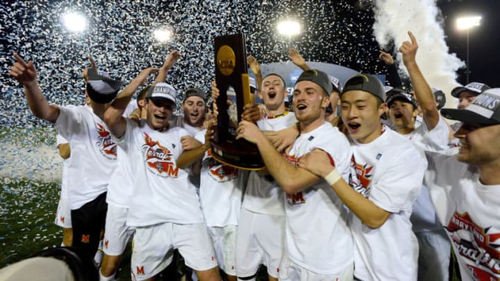 SANTA BARBARA, CA - DECEMBER 09: The Maryland Terrapins celebrate after defeating the Akron Zips during the Division I Men's Soccer Championship held at Meredith Field at Harder Stadium on December 9, 2018 in Santa Barbara, California. Maryland defeated Akron 1-0 for the national title. (Photo by G Fiume/Maryland Terrapins/Getty Images)