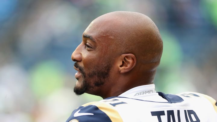 SEATTLE, WASHINGTON – OCTOBER 03: Aqib Talib #21 of the Los Angeles Rams warms-up before the game against the Seattle Seahawks at CenturyLink Field on October 03, 2019 in Seattle, Washington. (Photo by Abbie Parr/Getty Images)