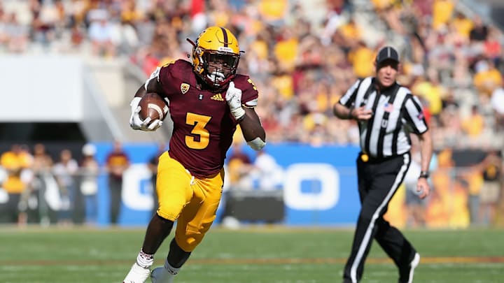 TEMPE, AZ – NOVEMBER 03: Running back Eno Benjamin #3 of the Arizona State Sun Devils rushes the football against the Utah Utes during the first half of the college football game at Sun Devil Stadium on November 3, 2018 in Tempe, Arizona. (Photo by Christian Petersen/Getty Images)