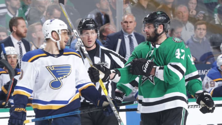DALLAS, TX - MAY 1: Alexander Radulov #47 of the Dallas Stars exchanges words with Brayden Schenn #10 of the St. Louis Blues in Game Four of the Western Conference Second Round during the 2019 NHL Stanley Cup Playoffs at the American Airlines Center on May 1, 2019 in Dallas, Texas. (Photo by Glenn James/NHLI via Getty Images)