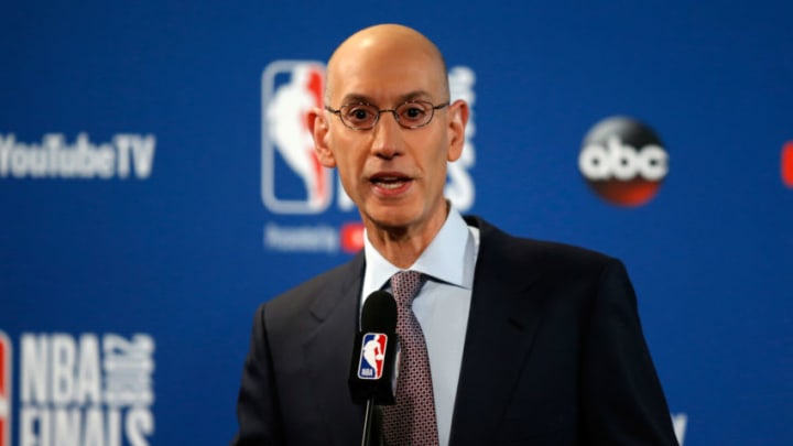 OAKLAND, CA - MAY 31: Commissioner Adam Silver of the NBA addresses the media before Game 1 of the 2018 NBA Finals at ORACLE Arena between the Golden State Warriors and the Cleveland Cavaliers on May 31, 2018 in Oakland, California. NOTE TO USER: User expressly acknowledges and agrees that, by downloading and or using this photograph, User is consenting to the terms and conditions of the Getty Images License Agreement. (Photo by Lachlan Cunningham/Getty Images)