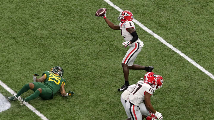 NEW ORLEANS, LOUISIANA – JANUARY 01: Defensive back Richard LeCounte #2 of the Georgia Bulldogs intercepts the ball during the first quarter during the Allstate Sugar Bowl at Mercedes Benz Superdome on January 01, 2020 in New Orleans, Louisiana. Freshman Kamari Lassiter has said he draws inspiration from LeCounte in a lot of ways. (Photo by Marianna Massey/Getty Images)