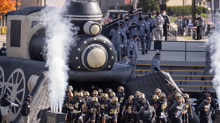 WEST LAFAYETTE, IN – OCTOBER 24: Members of the Purdue Boilermakers take the field before the game against the Iowa Hawkeyes at Ross-Ade Stadium on October 24, 2020 in West Lafayette, Indiana. (Photo by Michael Hickey/Getty Images)