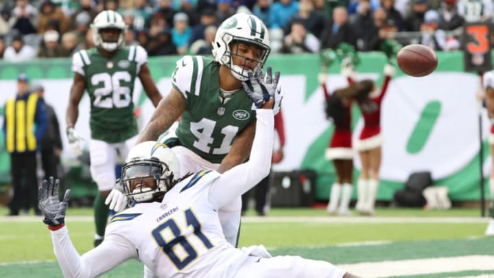 EAST RUTHERFORD, NJ - DECEMBER 24: Buster Skrine #41 of the New York Jets is called for pass interference on a pass intended for Mike Williams #81 of the Los Angeles Chargers during the first half of an NFL game at MetLife Stadium on December 24, 2017 in East Rutherford, New Jersey. (Photo by Abbie Parr/Getty Images)