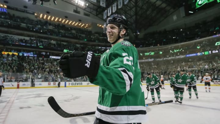 DALLAS, TX - APRIL 02: Dallas Stars defenseman Esa Lindell (23) celebrates a goal during the game between the Dallas Stars and the Philadelphia Flyers on April 2, 2019 at the American Airlines Center in Dallas, Texas. (Photo by Matthew Pearce/Icon Sportswire via Getty Images)