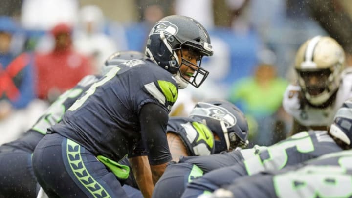SEATTLE, WA - SEPTEMBER 22: Seattle Seahawks quarterback Russell Wilson (3) looks over the defense during the game between the Seattle Seahawks and New Orleans Saints on September 22, 2019 at the CenturyLink Field in Seattle, WA. (Photo by Stephen Lew/Icon Sportswire via Getty Images)