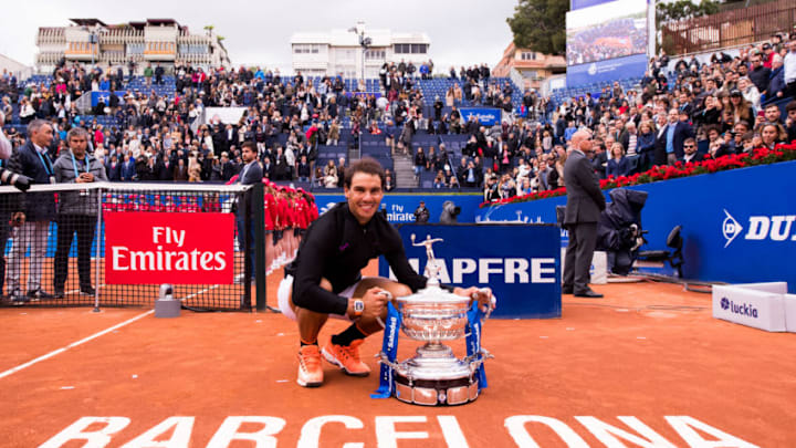BARCELONA, SPAIN - APRIL 30: Rafael Nadal of Spain poses with the trophy after his victory against Dominic Thiem of Austria in their final match on day seven of the Barcelona Open Banc Sabadell on April 30, 2017 in Barcelona, Spain. (Photo by Alex Caparros/Getty Images)