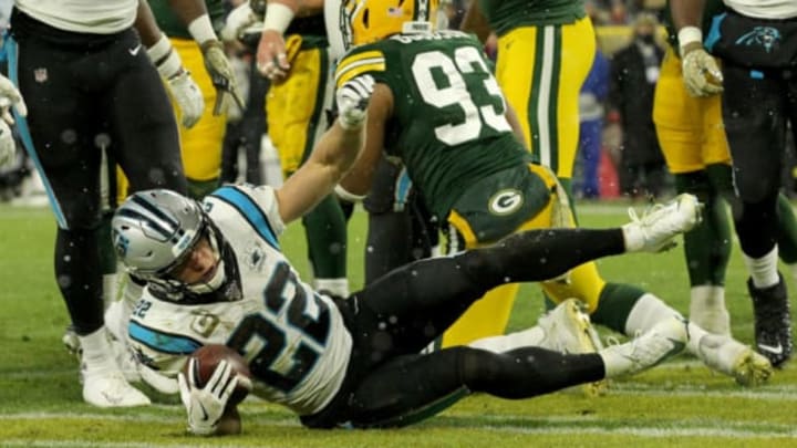 GREEN BAY, WISCONSIN – NOVEMBER 10: Christian McCaffrey #22 of the Carolina Panthers scores a touchdown against the Green Bay Packers in the game at Lambeau Field on November 10, 2019 in Green Bay, Wisconsin. (Photo by Dylan Buell/Getty Images)