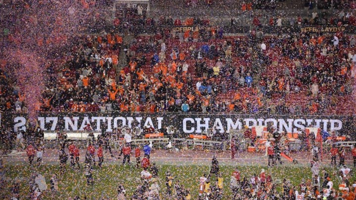 Jan 9, 2017; Tampa, FL, USA; Confetti flies on the field after the Clemson Tigers defeated the Alabama Crimson Tide in the 2017 College Football Playoff National Championship Game at Raymond James Stadium. Mandatory Credit: Jasen Vinlove-USA TODAY Sports